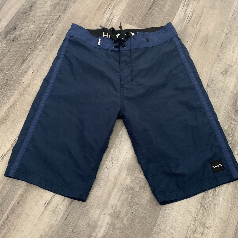 HURLEY Mens Solid Blue Board Shorts Size 28 Back Pocket Drawstring Recycled Poly